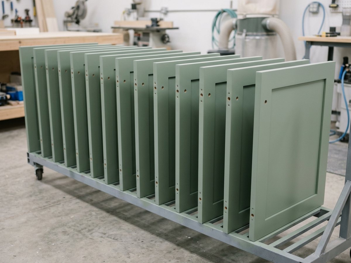 Cabinet doors racked on edge after spraying, hardware removed