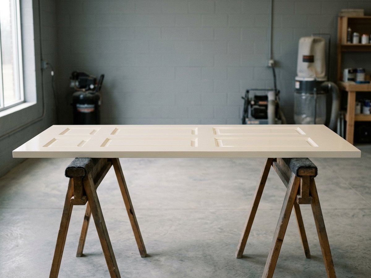 A six-panel door lying flat on trestles after spray finishing