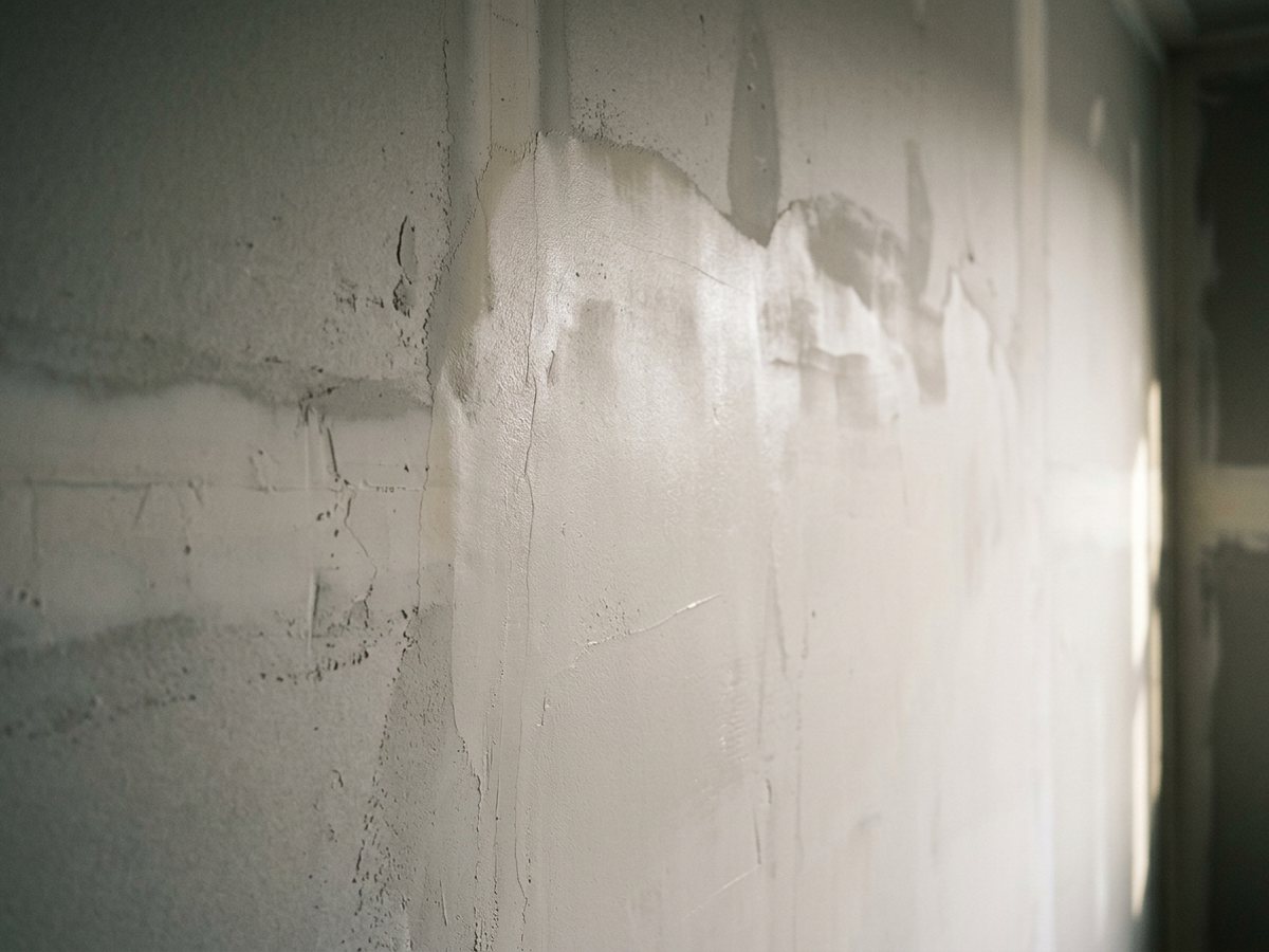 A feathered skim coat blending a wall repair into the surrounding surface