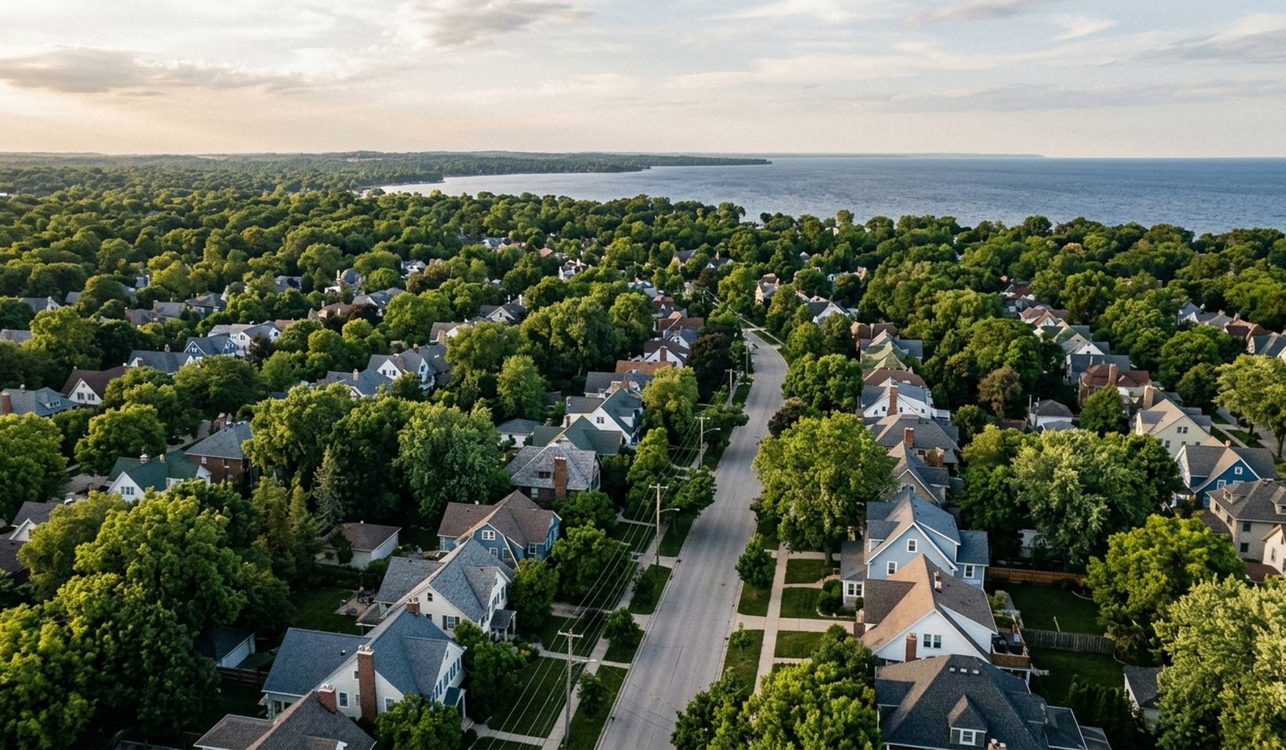 Milwaukee’s North Shore from above: tree-covered residential streets running down to Lake Michigan