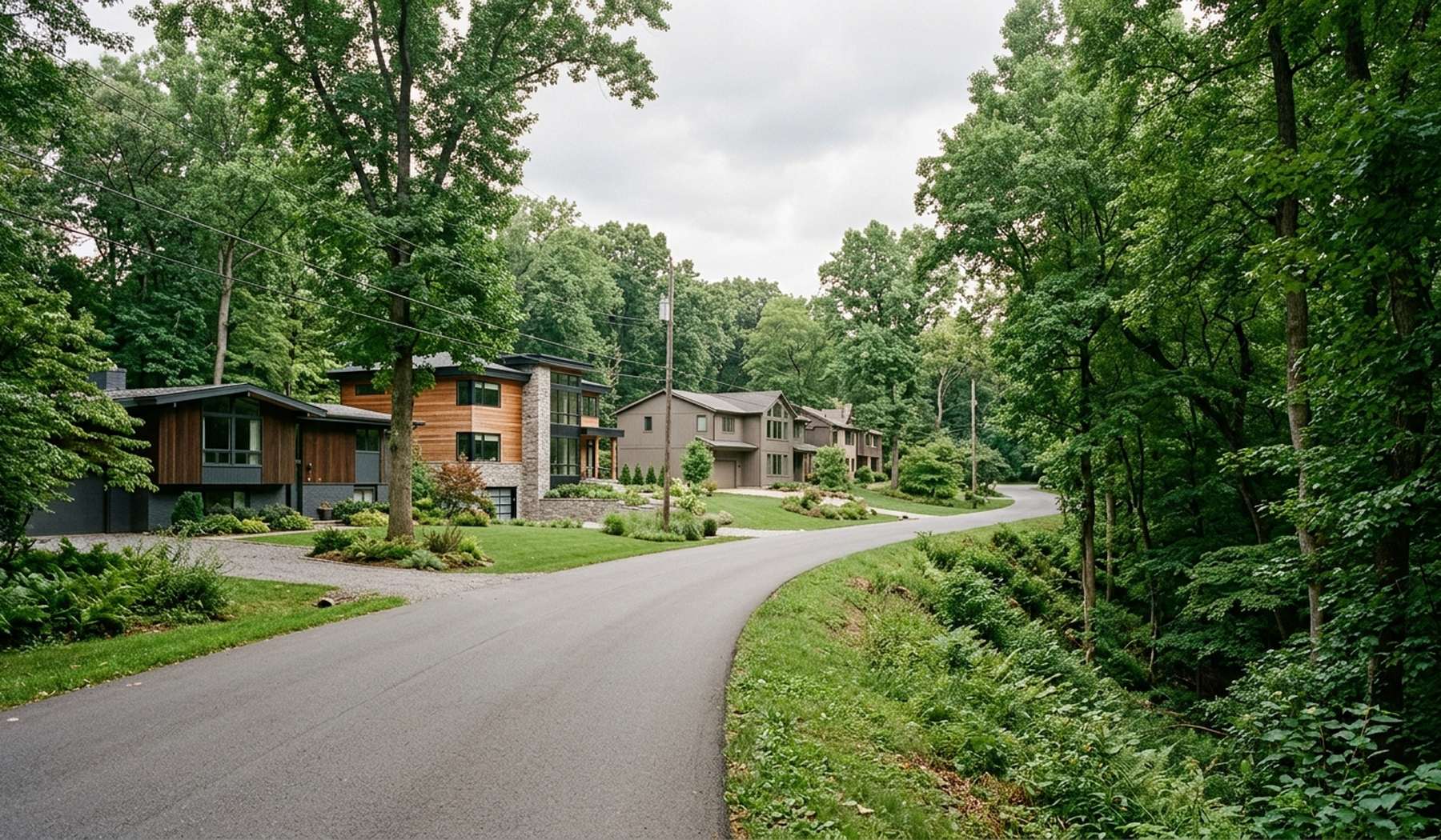 Houses on wooded ravine lots along a winding Bayside road