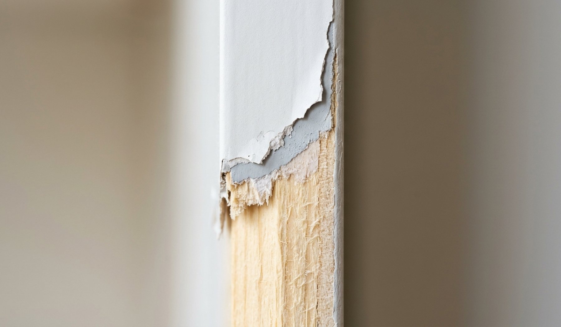 Chipped paint at the edge of a cabinet door, showing the coating layers over bare wood