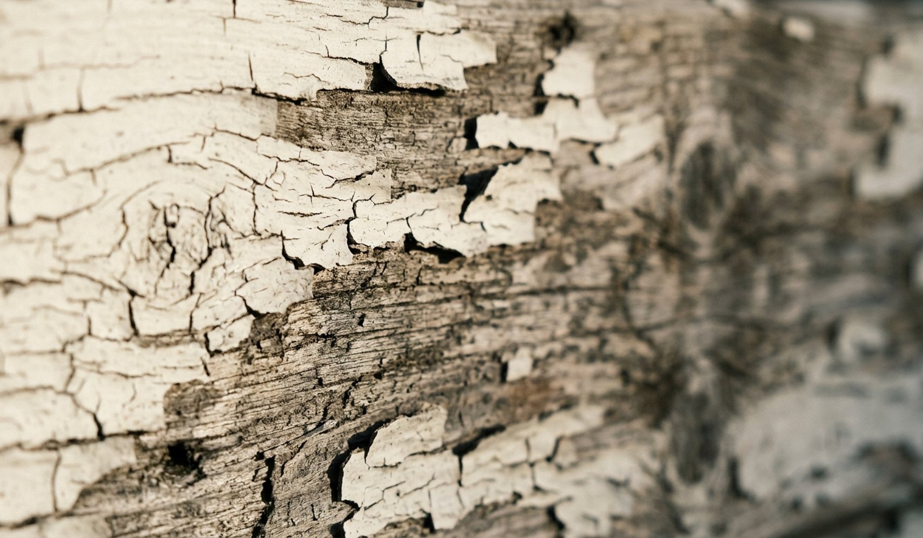 Weathered exterior paint cracked and flaking away from bare timber