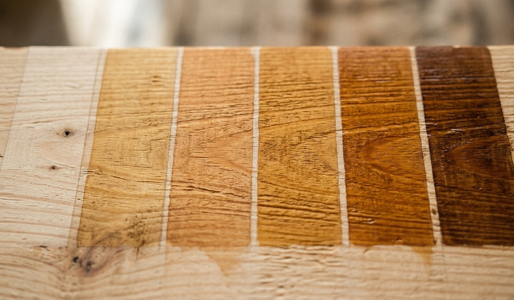 Wood stain swatches on one board running from pale raw wood to deep amber