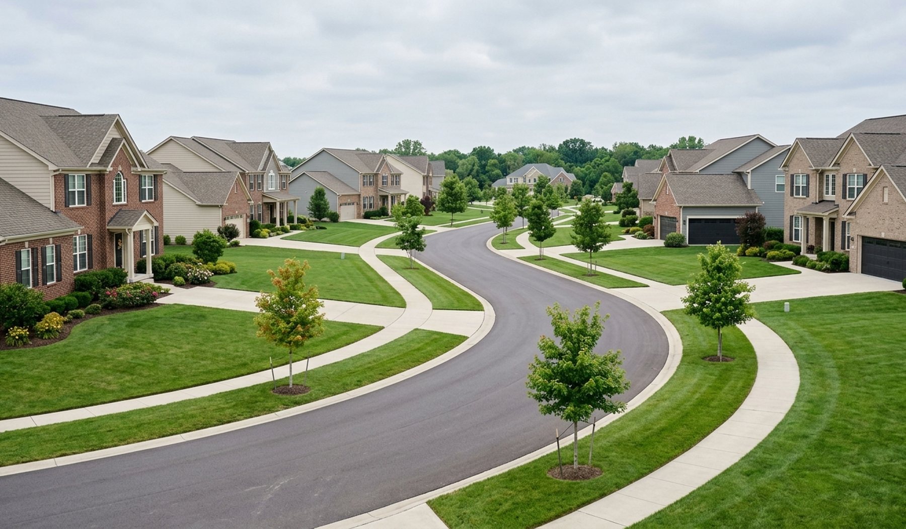 Large newer colonial-style homes on a wide curving Brookfield street