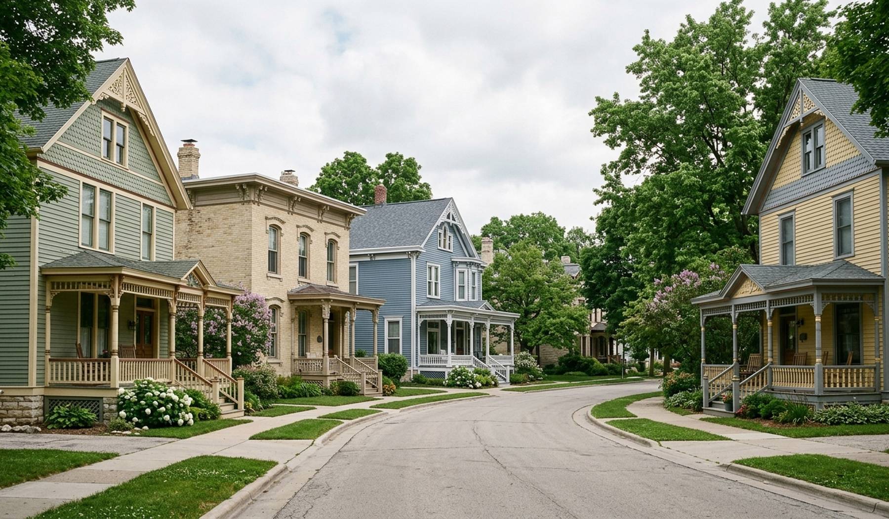 Victorian frame houses in historic paint colours on a tree-lined Cedarburg street