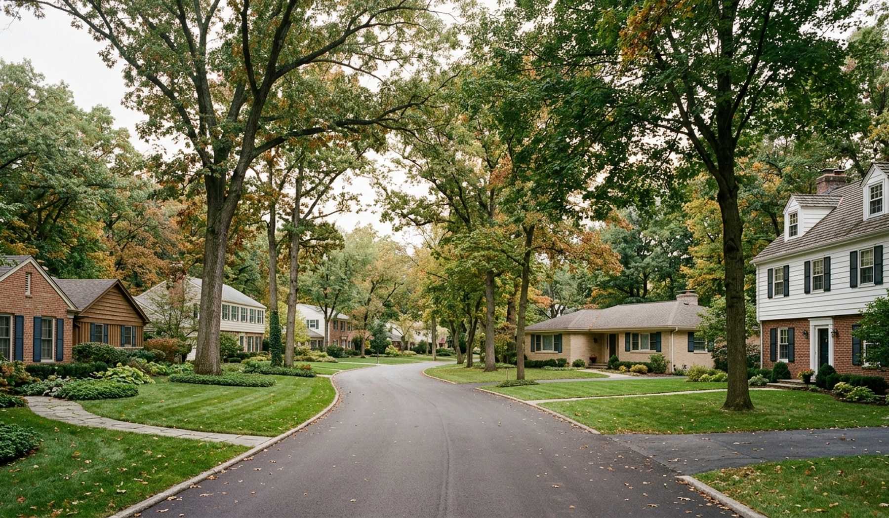 Mid-century and colonial homes under tall mature trees on a quiet Elm Grove street