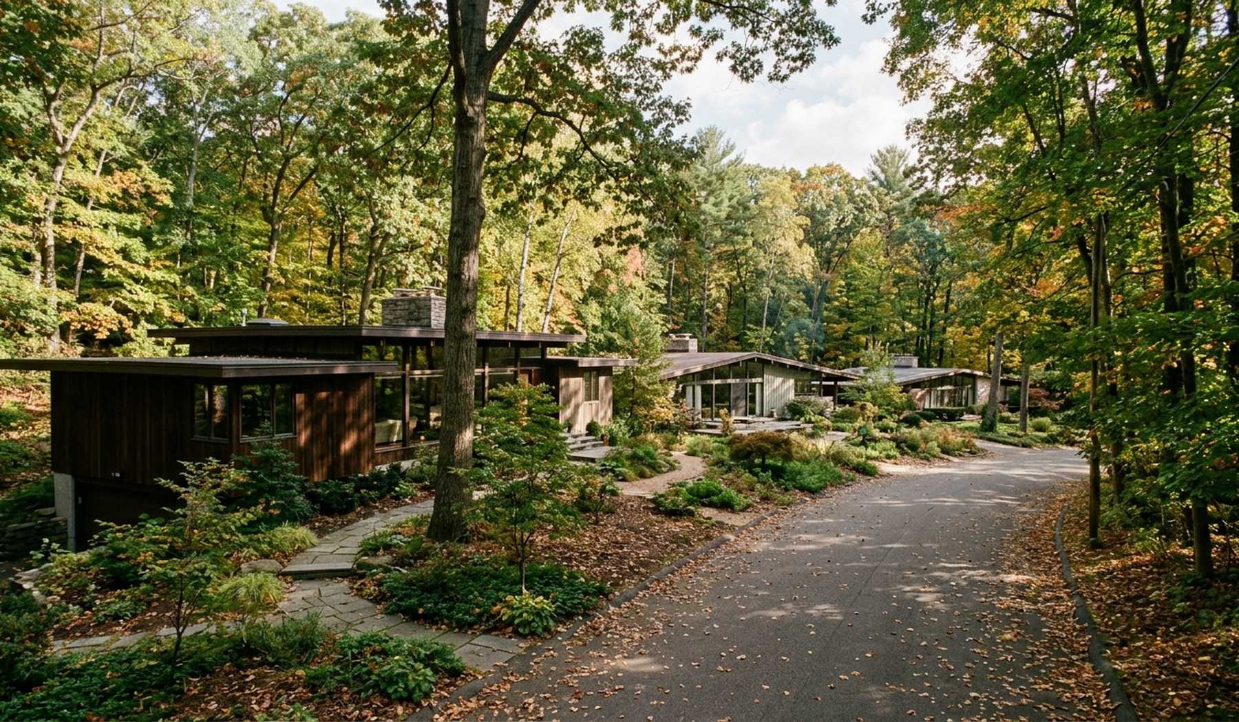 Low mid-century modern houses among mature woodland in Fox Point