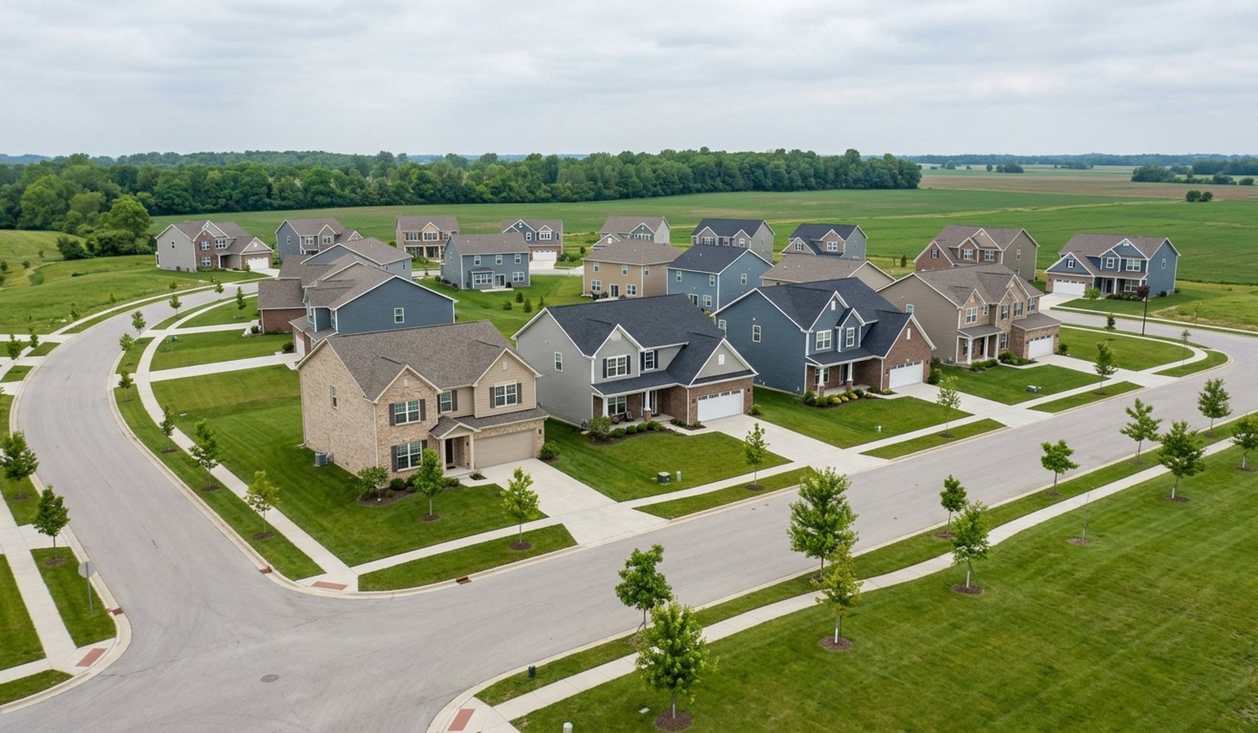 Newer two-storey homes on open lots with farmland visible beyond, in Germantown