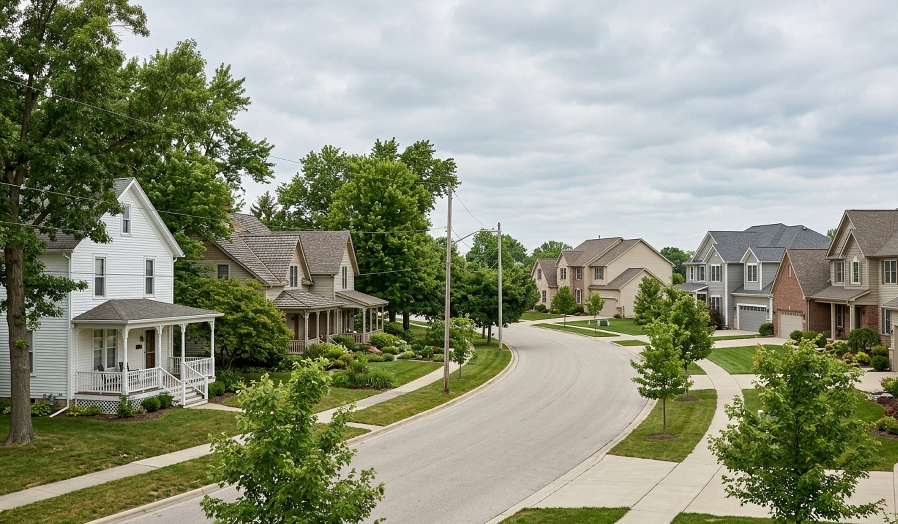 Older frame houses and newer two-storey homes along a curving Menomonee Falls street