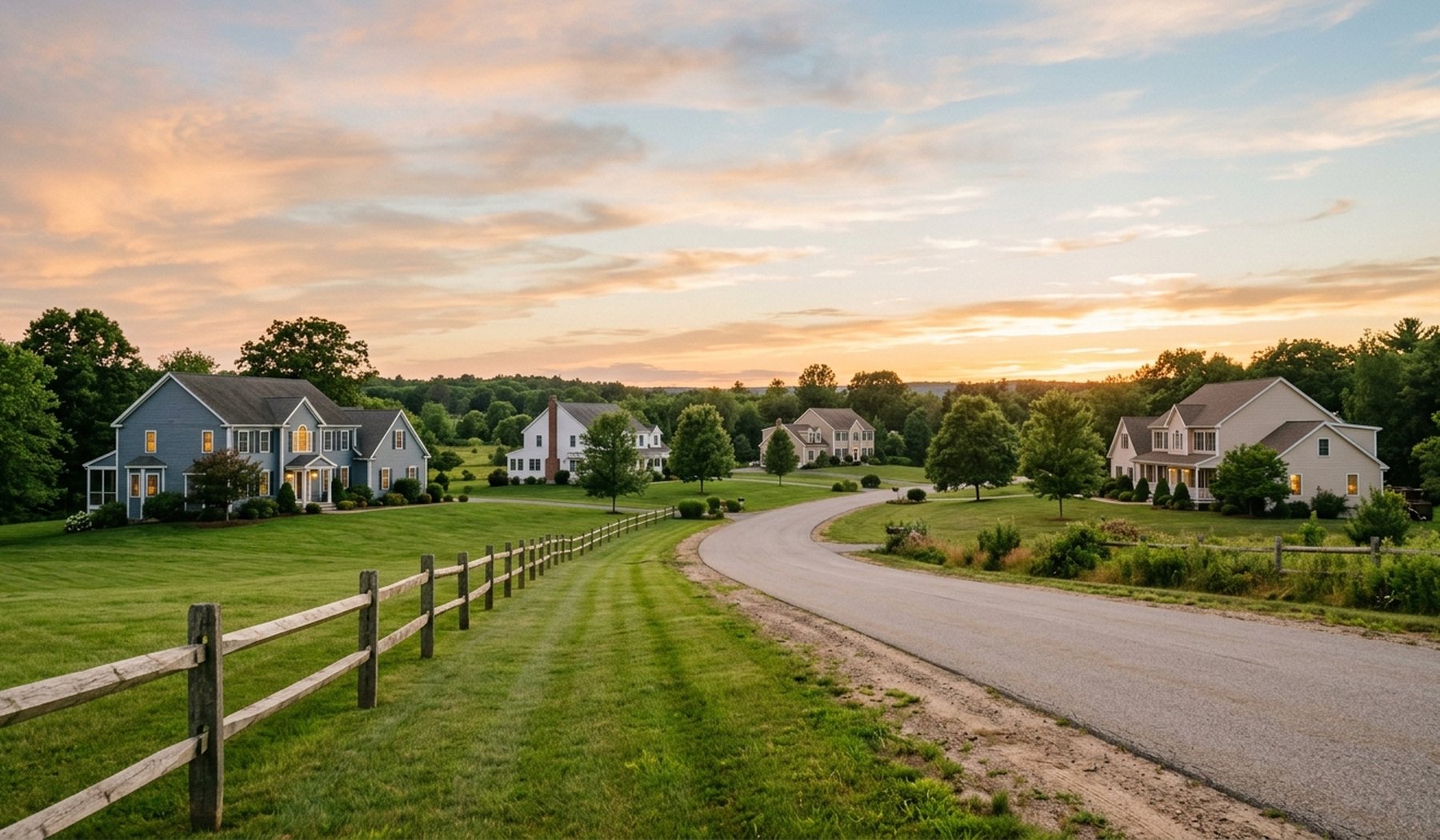 Large Colonial-style homes on open lots in Mequon at dusk