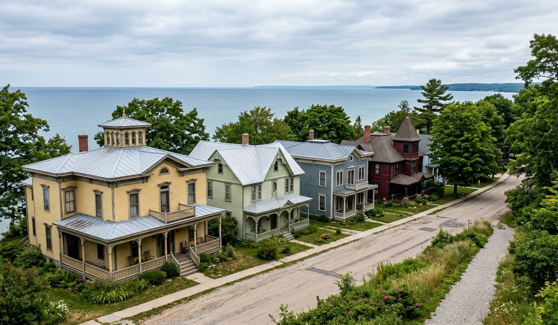 Victorian houses on a Port Washington bluff with Lake Michigan visible beyond