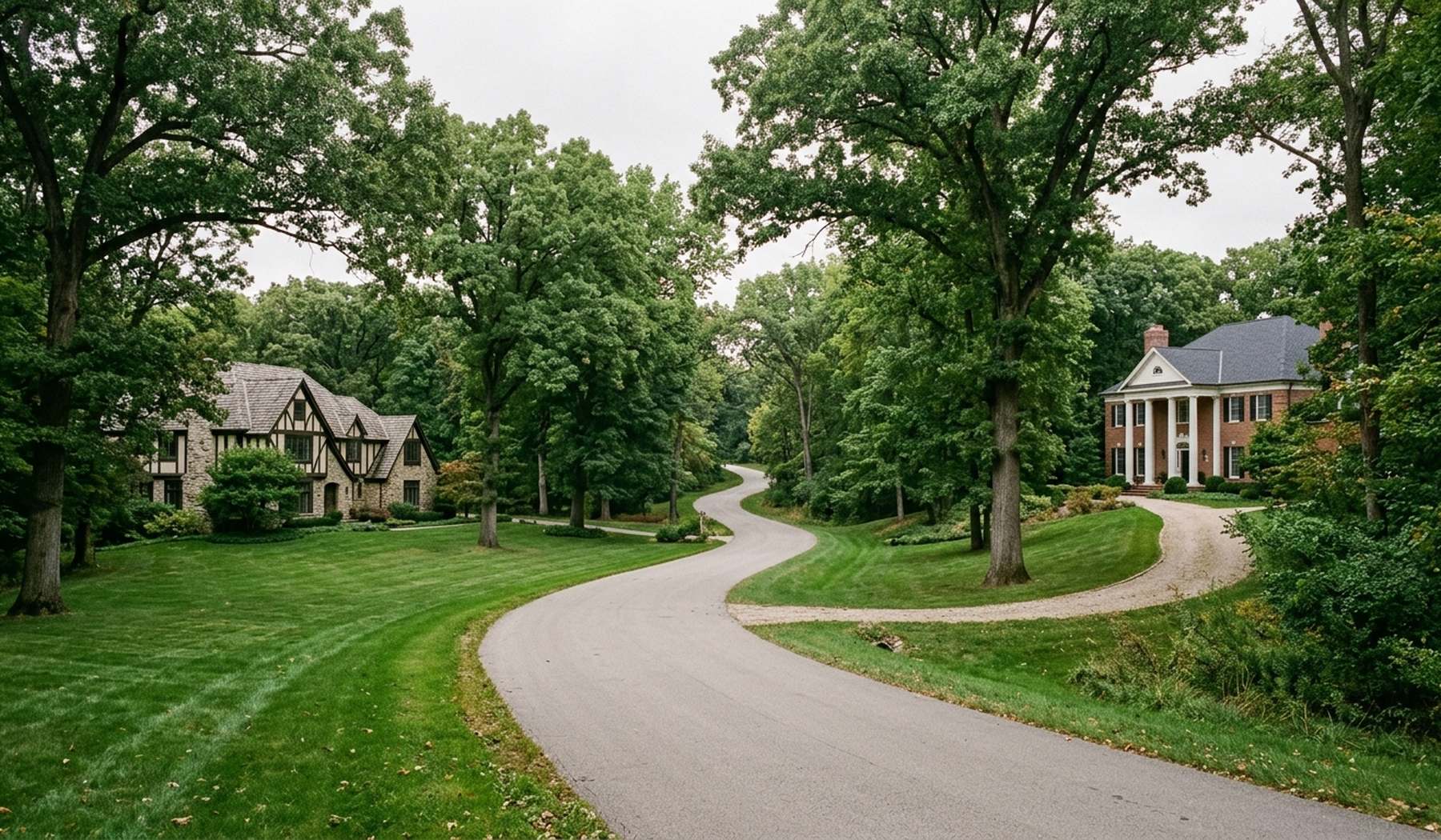 Large period homes set far back on wooded estate lots along a winding River Hills road