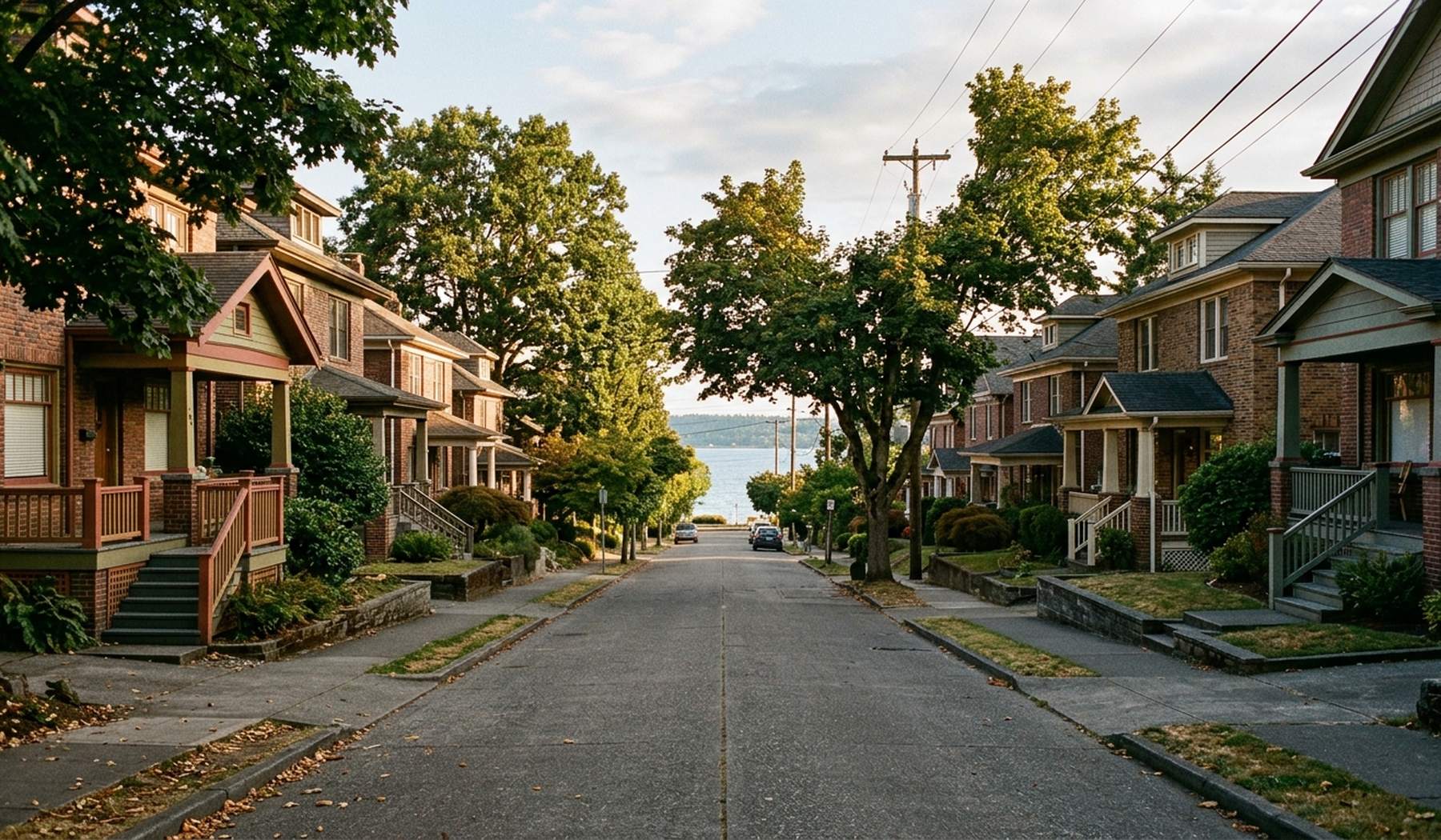 Closely spaced Shorewood bungalows with painted porches near the lake