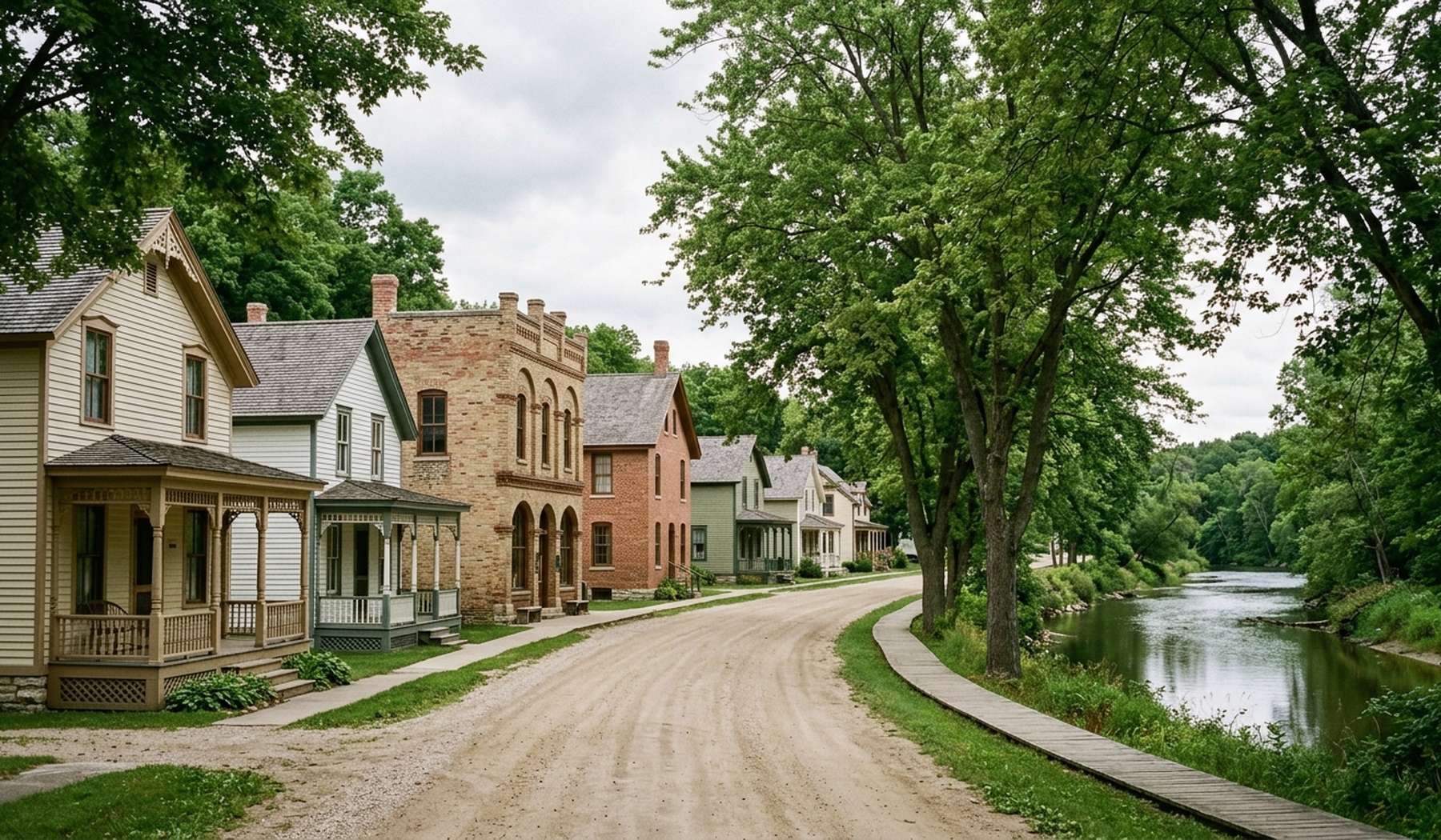 Older frame houses with covered porches on a Thiensville street near the Milwaukee River