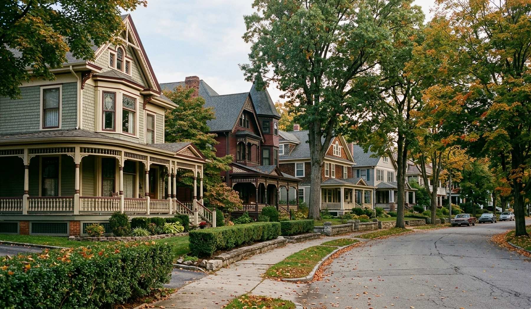 Victorian and Craftsman houses with deep porches in Wauwatosa Village