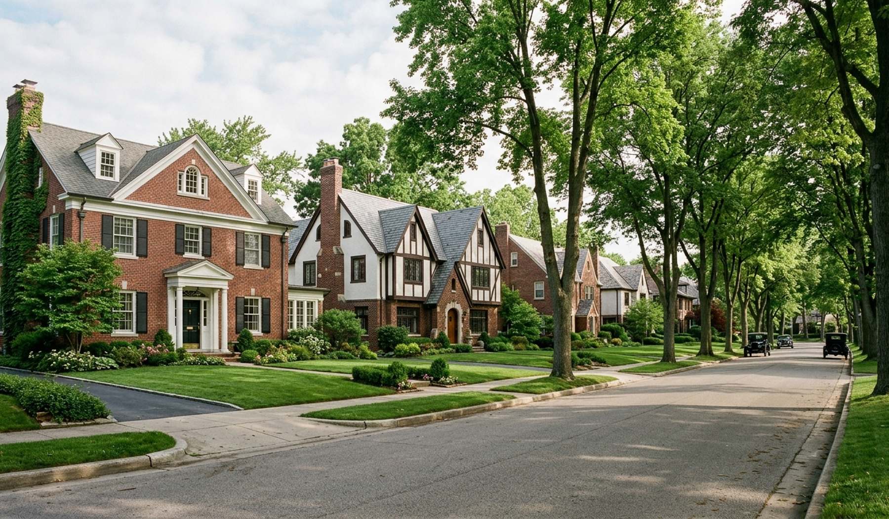 Brick Colonial and Tudor homes on a tree-lined Whitefish Bay street