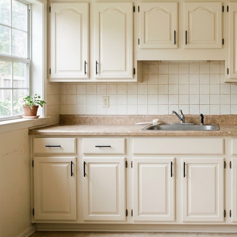 Illustration of the same cabinets finished in off-white with matte black handles