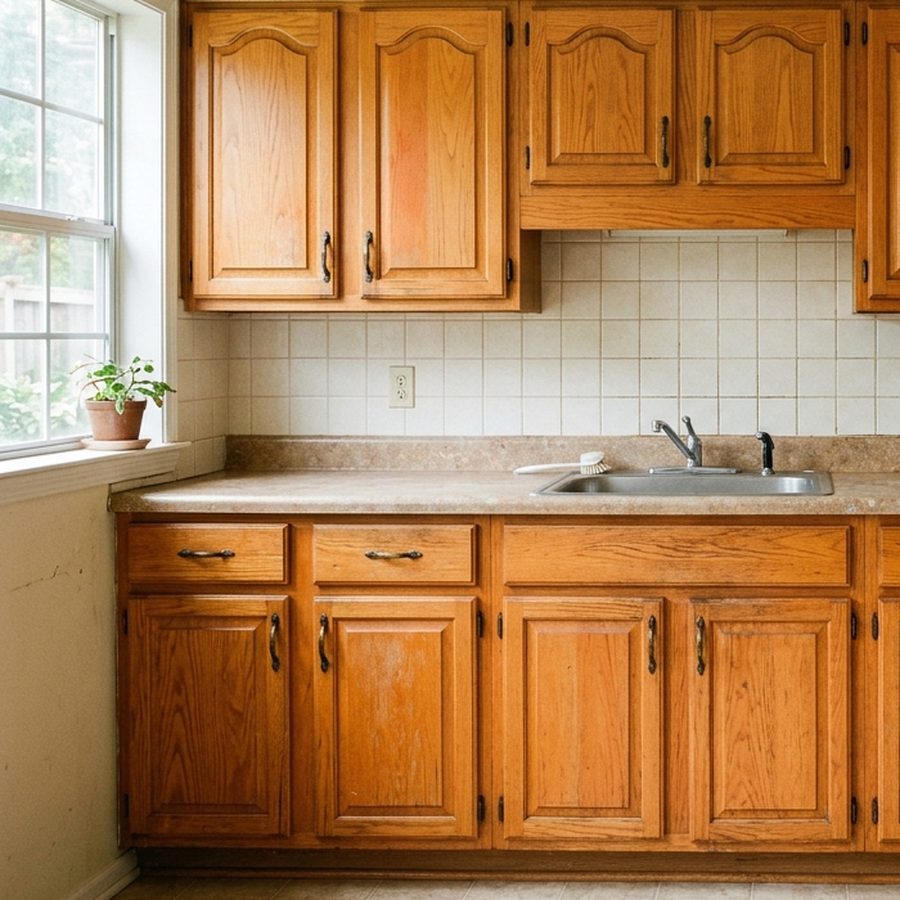 Illustration of dated honey-oak raised-panel kitchen cabinets with brass knobs